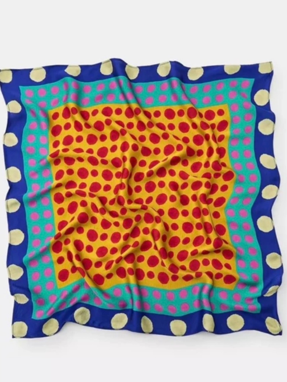 Zara Festival Silky Satin Bandana Scarf Colorful Multicolor Dots Blue Yellow